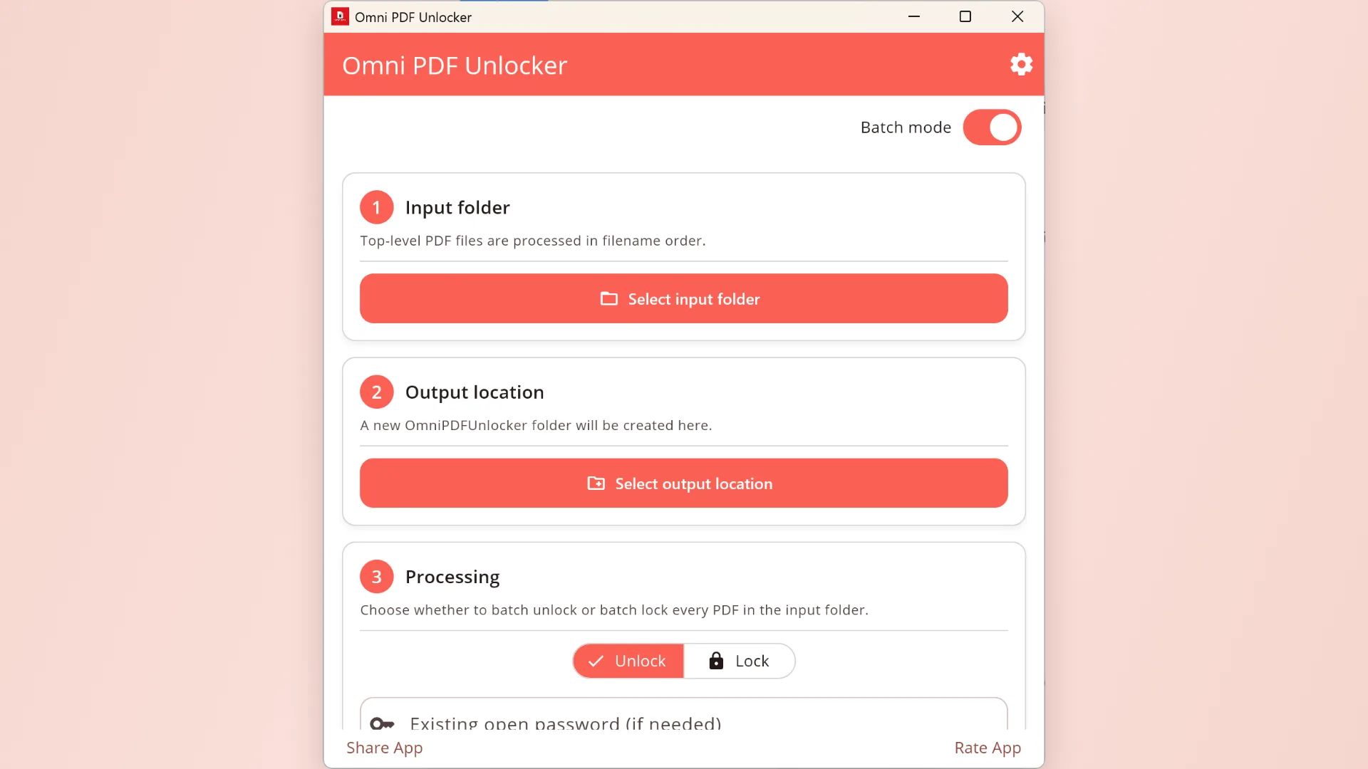 Batch mode in Omni PDF Unlocker with input folder, output location, and processing controls