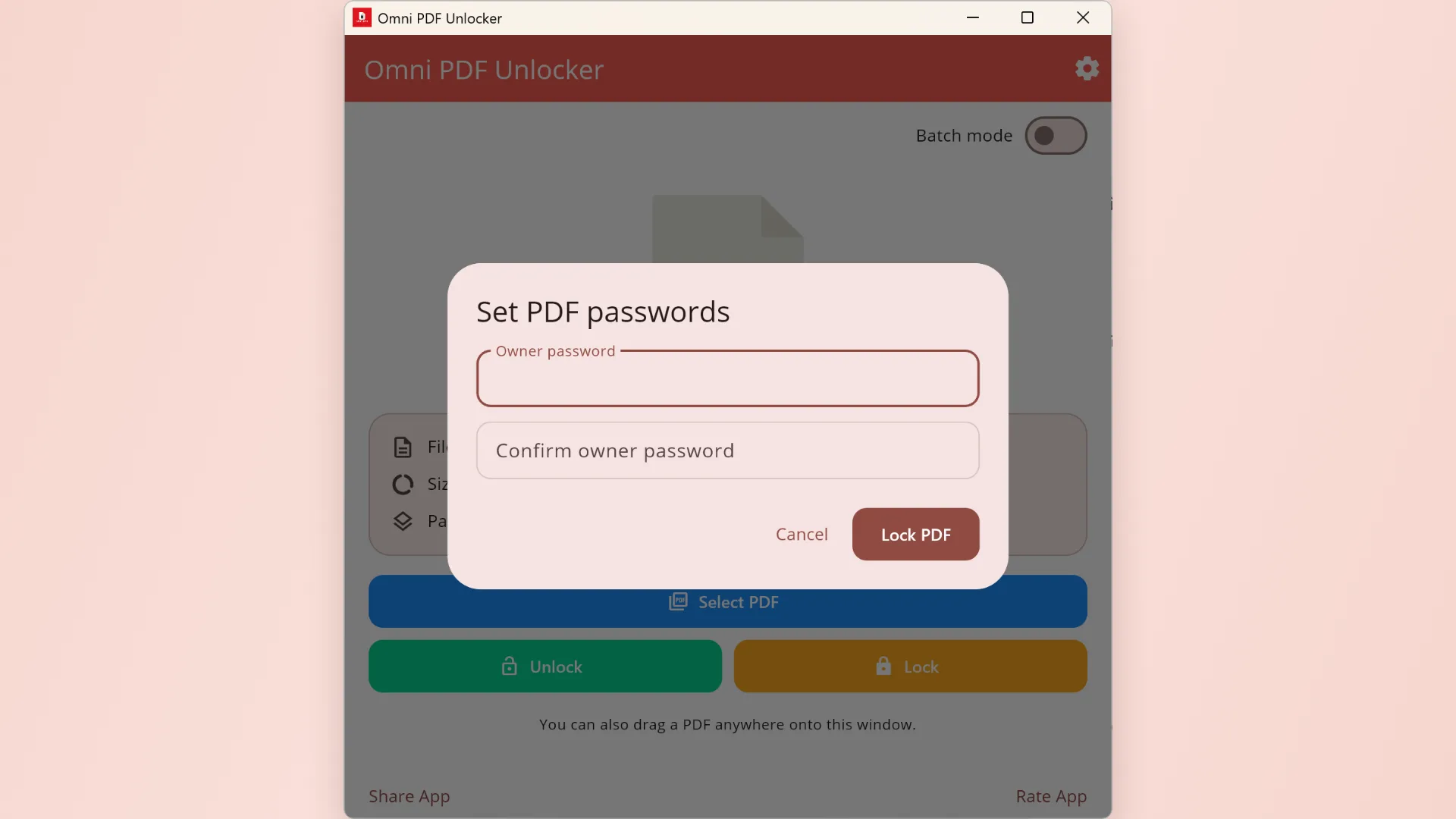 Omni PDF Unlocker protection settings showing modification, printing, and open-password controls