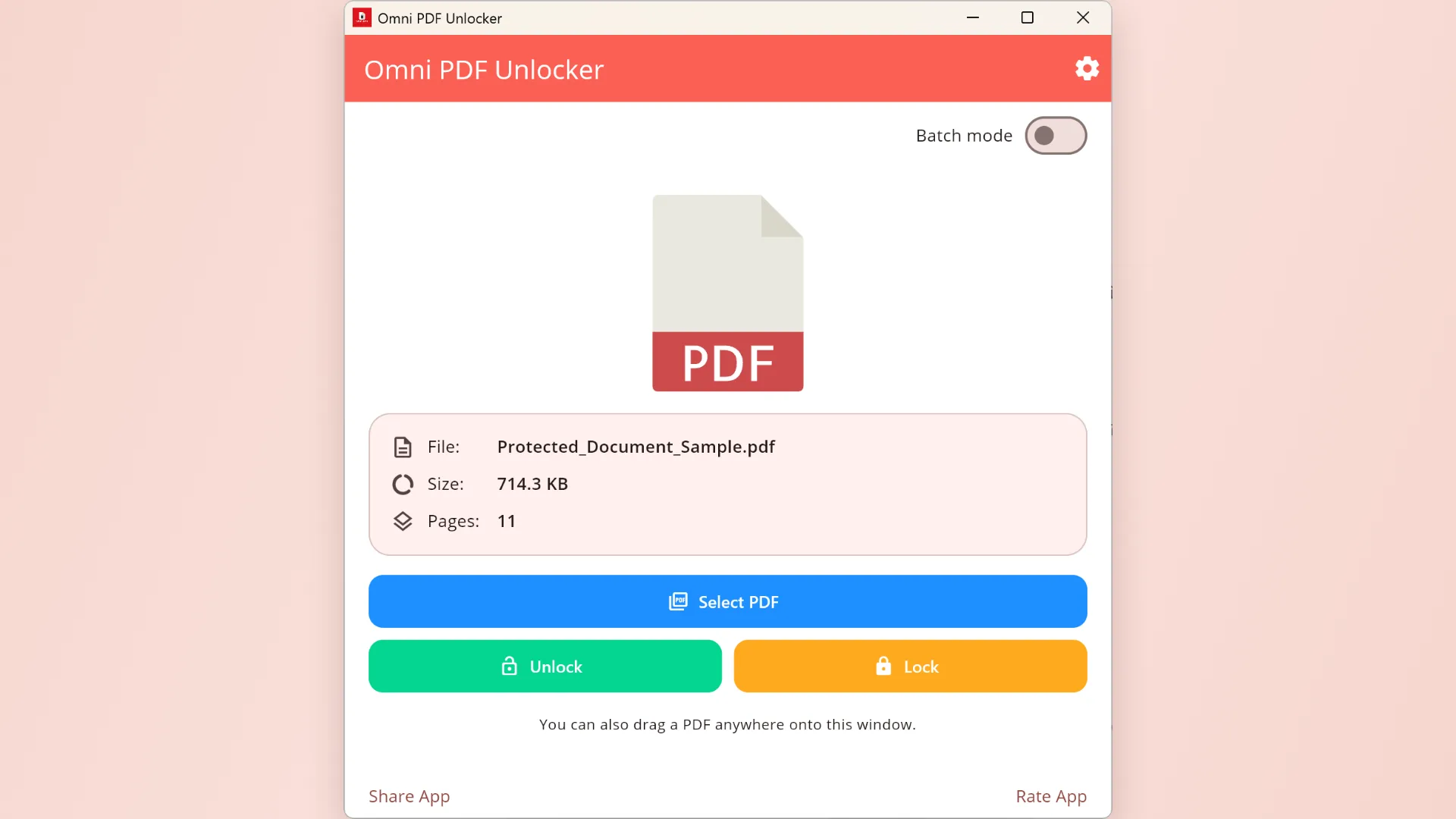 Unlock workflow in Omni PDF Unlocker for Windows